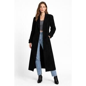 1990s Split End Ltd Black Suede Leather Full Length Coat Minimalist Classic M